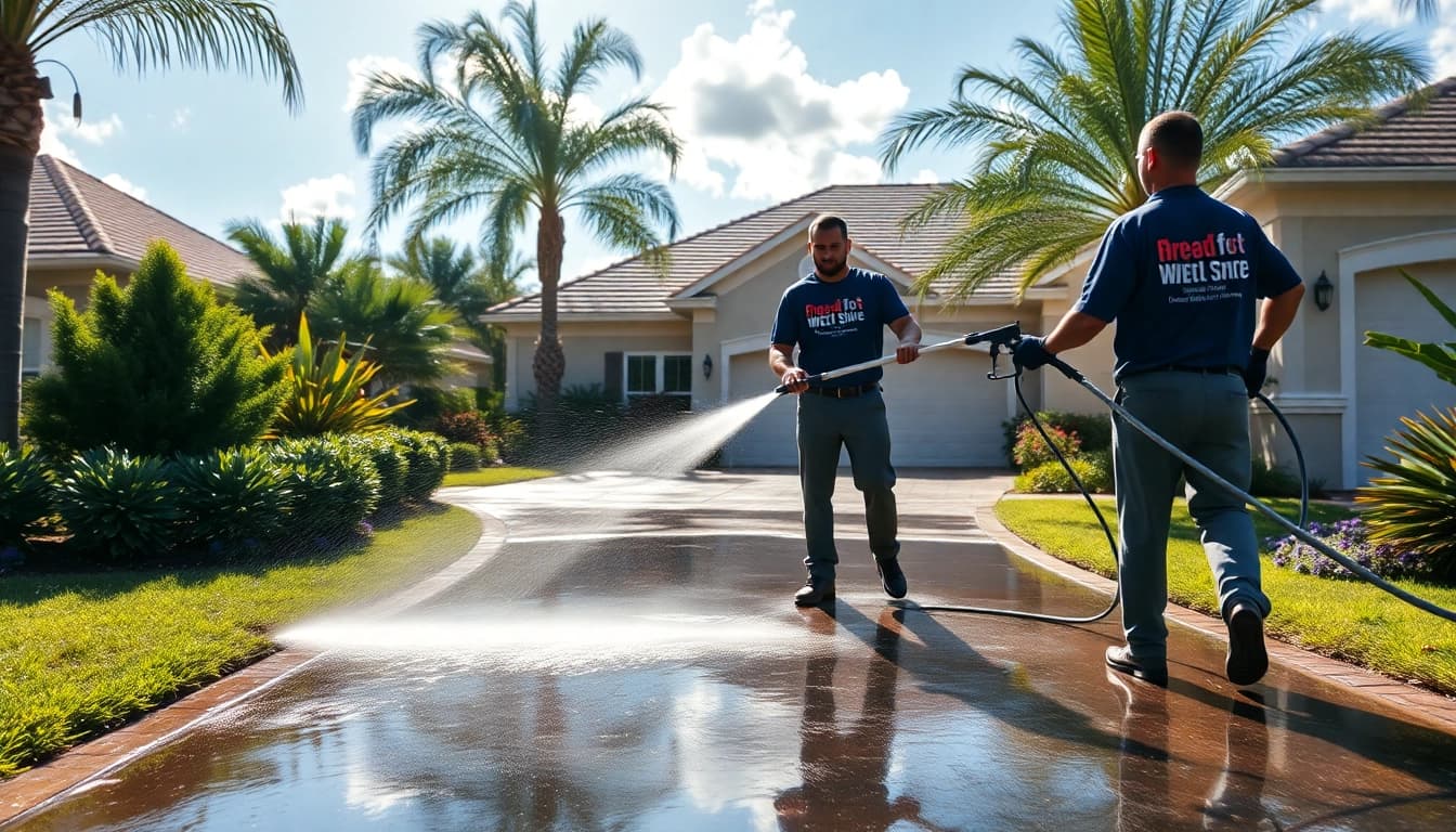 Driveway pressure wash service in Kissimmee, FL, showcasing a professional team cleaning a residential driveway.