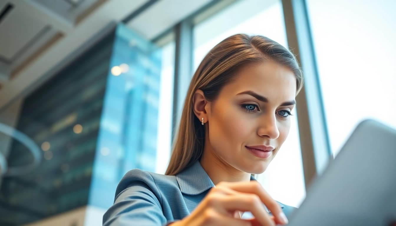 Headhunter Schweiz bei der Arbeit, moderne Büroumgebung, Bewerbungsunterlagen prüfen.