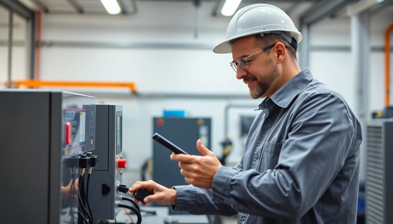 Ingenieur führt eine DGUV V3 Prüfung an einem elektrischen Gerät in einer modernen Werkstatt durch.