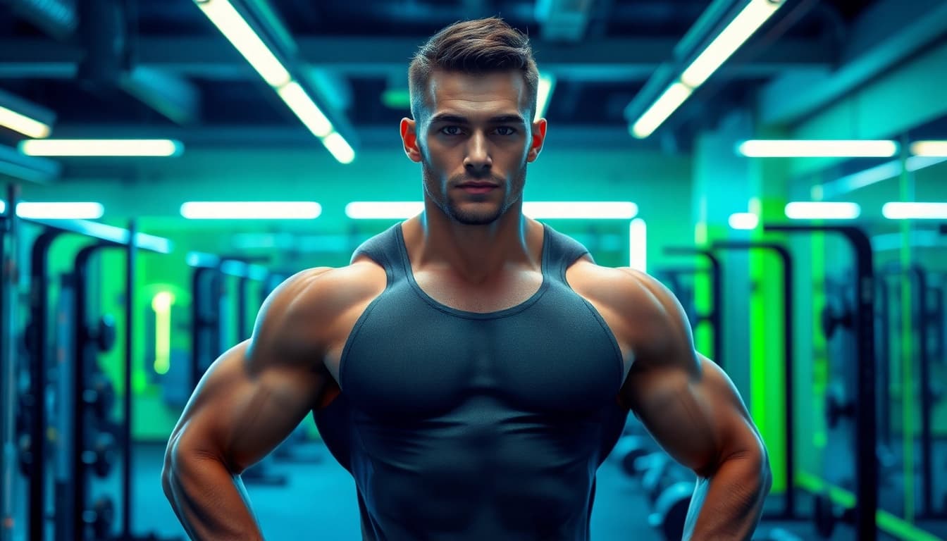 HGH kaufen: Athlet konzentriert sich auf Wachstumshormon-Supplements im Fitnessstudio.
