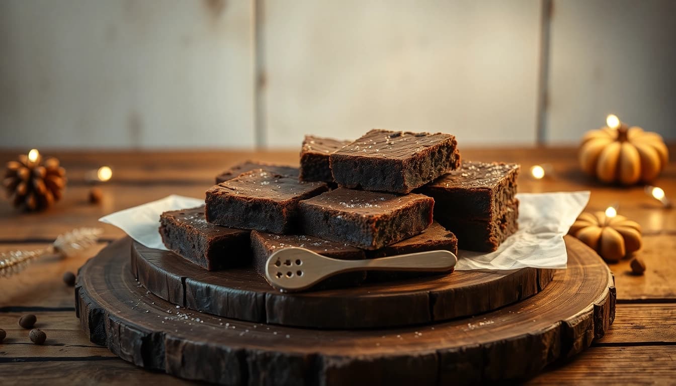 Leckere Haschbrownies auf einem Holztisch genießen, frisch gebacken mit Schokoladenglasur.