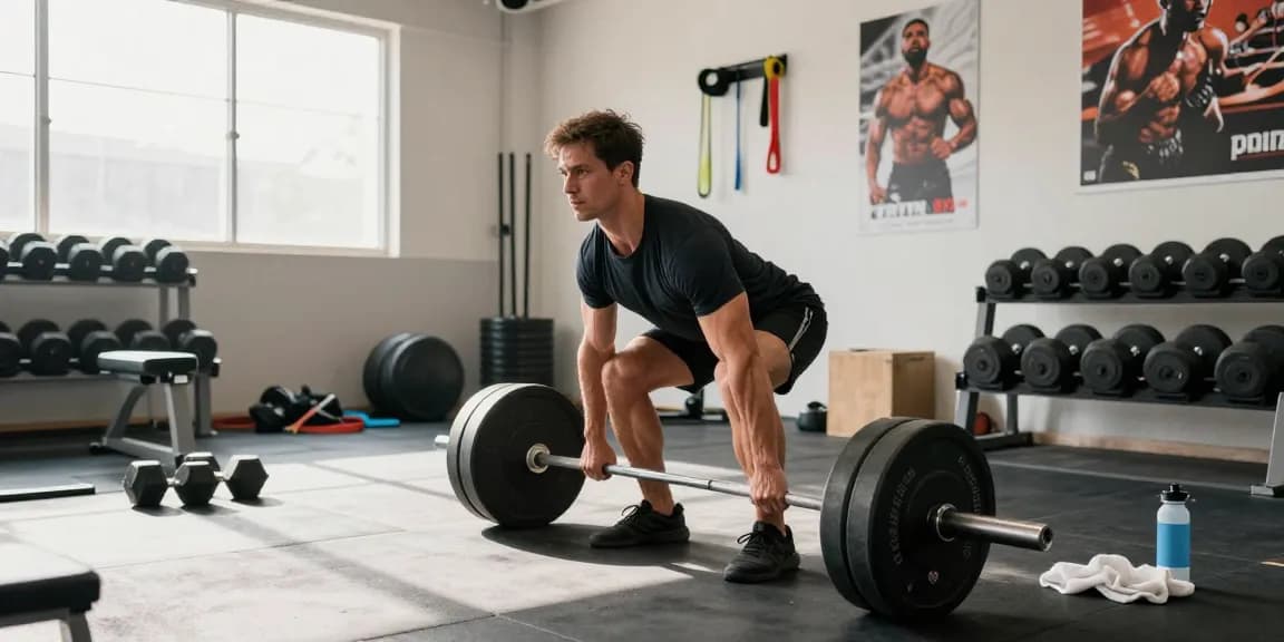 Ein motivierter Bodybuilder hebt Gewicht im Anabolika Shop Fitnessstudio, umgeben von Trainingsgeräten.