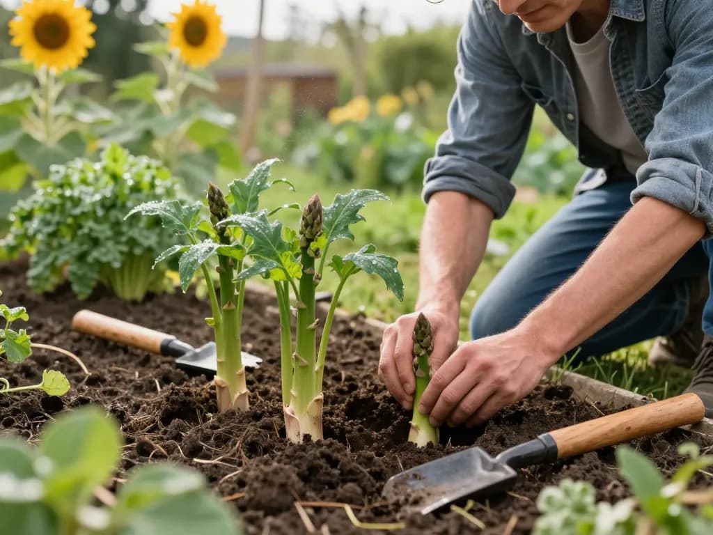 Healthy spargel pflanzen being planted by a gardener in a vibrant garden.