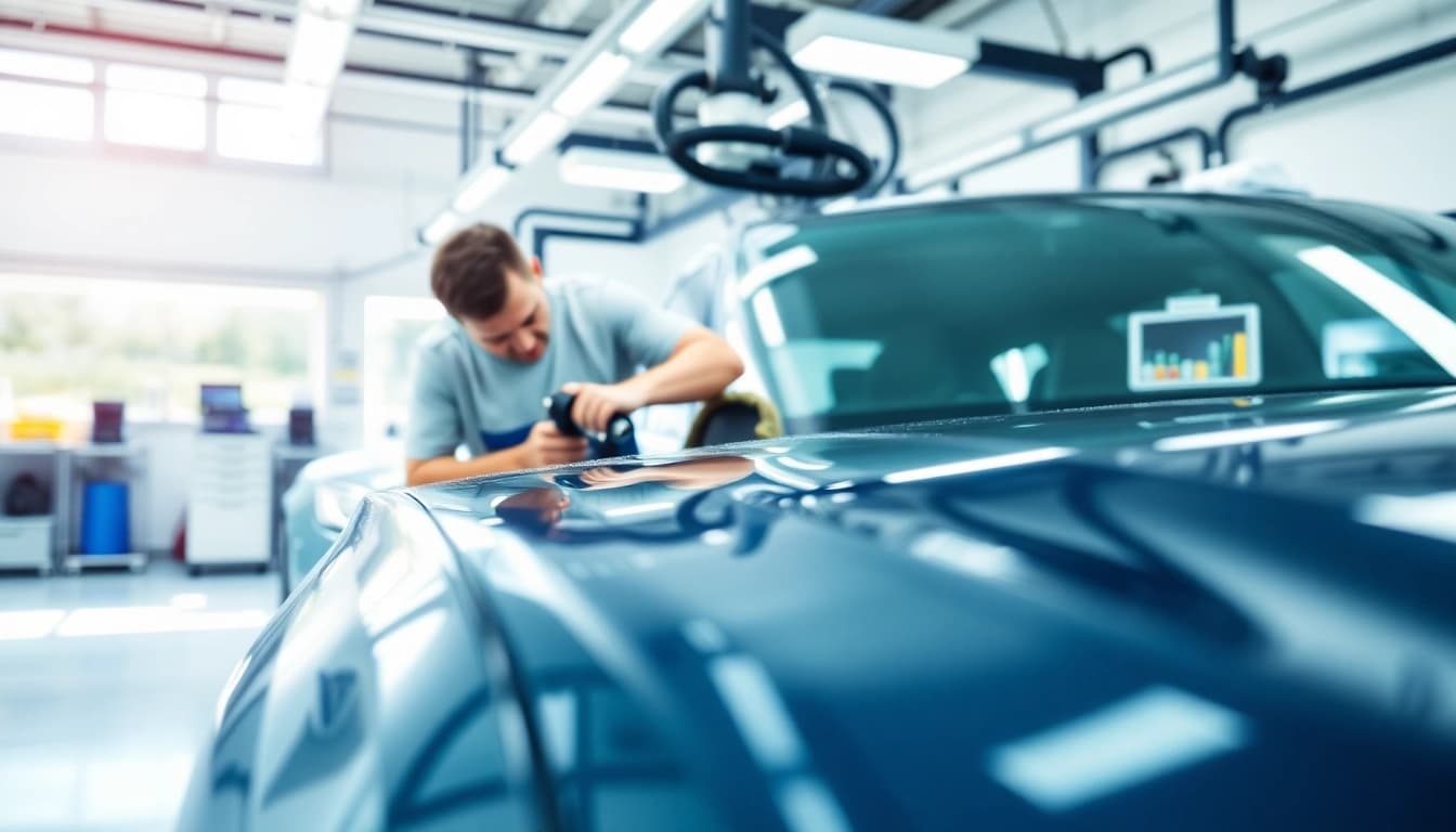 Fahrzeugaufbereitung in einem professionellen Detailingshop mit einem Experten, der ein Auto bearbeitet.