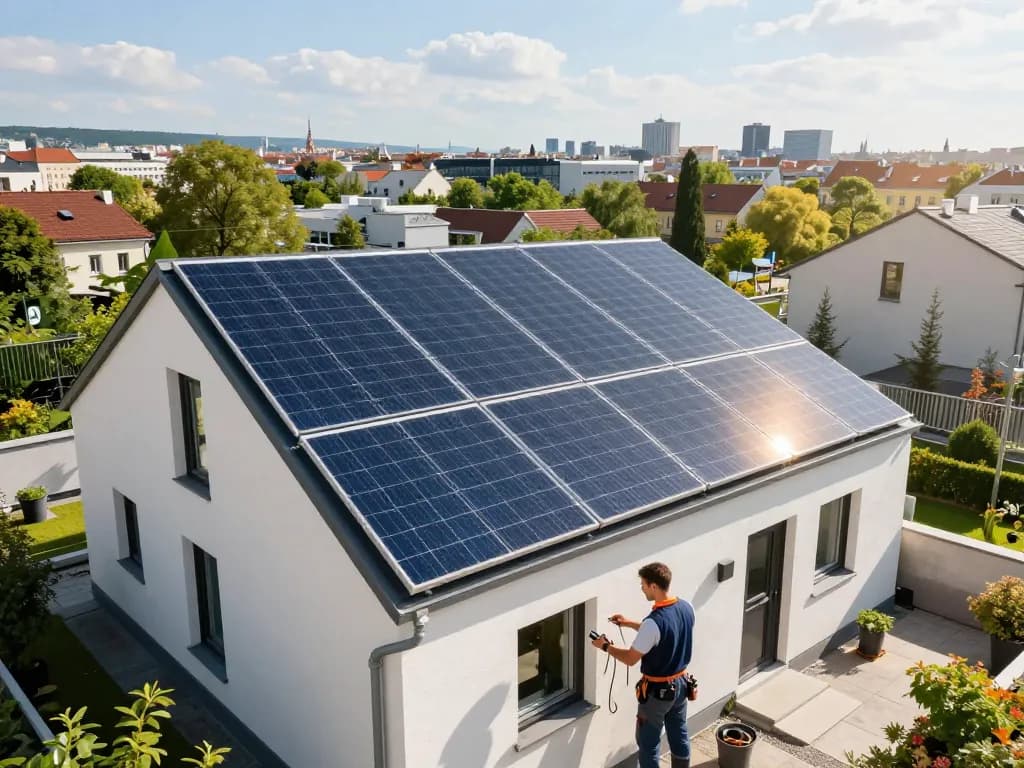 Photovoltaik Wien Installation auf einem Hausdach in Wien, mit Installateur, der Solarpanels inspiziert, um erneuerbare Energie hervorzuheben.