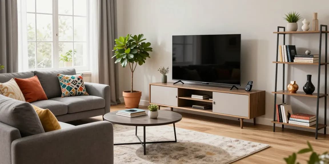 Einladendes Wohnzimmer mit stilvollen Möbeln, die in einem Möbel Shop online erhältlich sind, einschließlich eines schicken Sofas und dekorativer Artikel.
