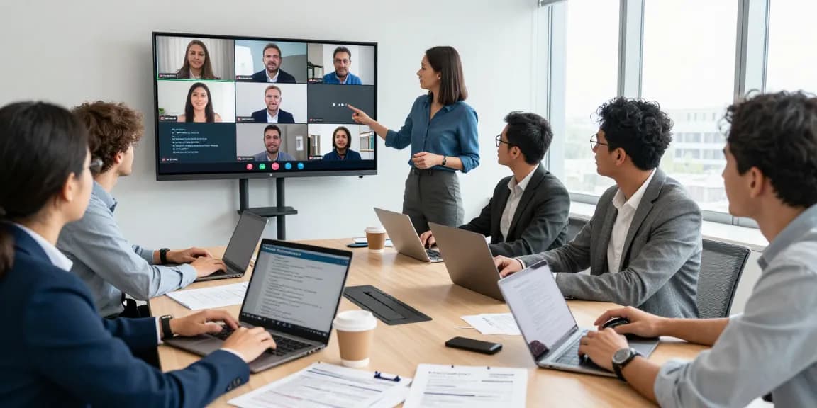 Professionelles Team in einer Besprechung mit Sprachübersetzer für Echtzeitübersetzung.