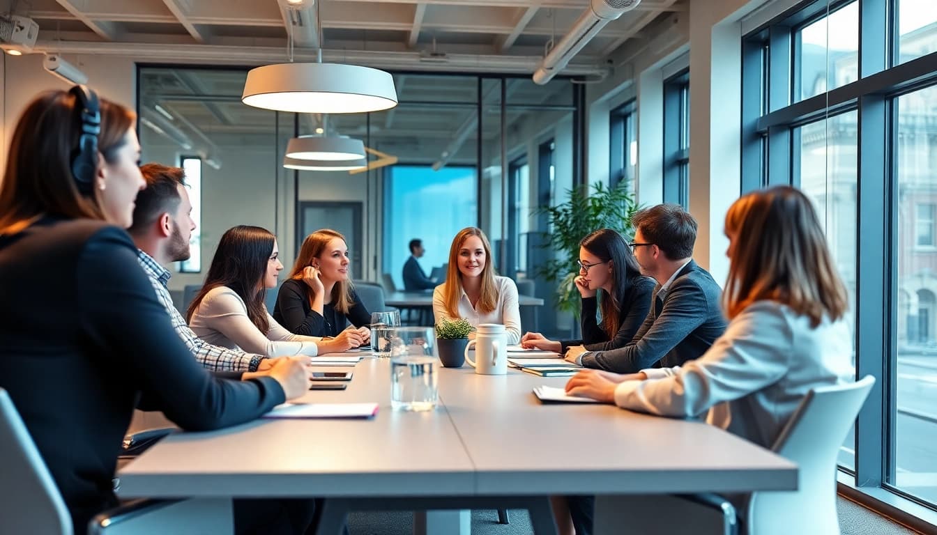 Professionals collaborating in a modern office for Unternehmensberatung München, showcasing strategic discussions.