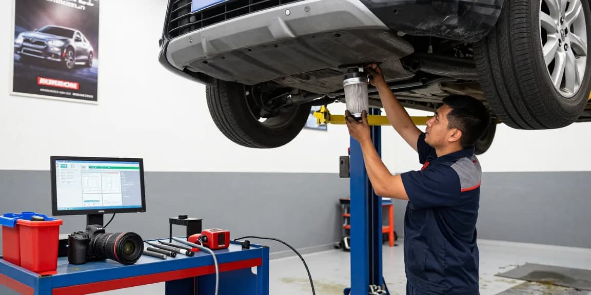 Mechaniker reinigt DPF in professioneller Garage, hochwertige Werkzeuge eingesetzt, optimierte Fahrzeugwartung.