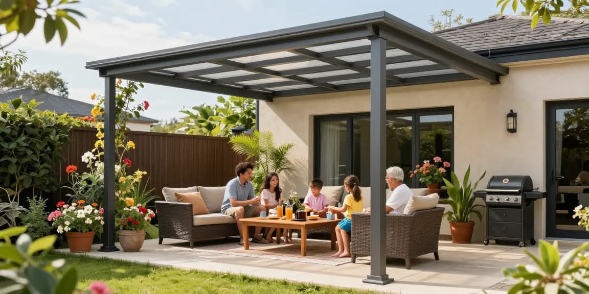Freistehende Terrassenüberdachung mit glücklicher Familie, die im sonnigen Garten Tee genießt.