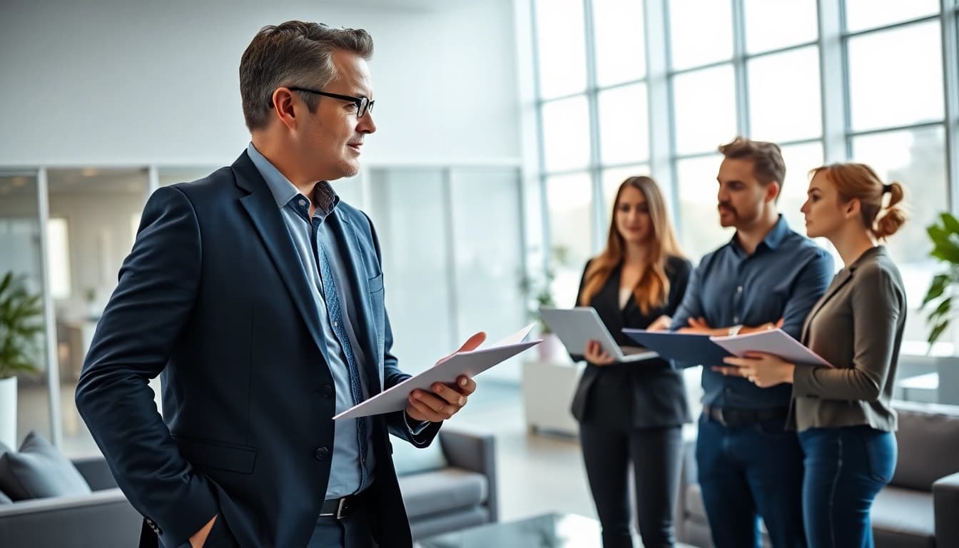 Headhunter Ingenieure verhandelt mit Ingenieuren in modernem Büro für erfolgreiche Arbeitsvermittlungen.