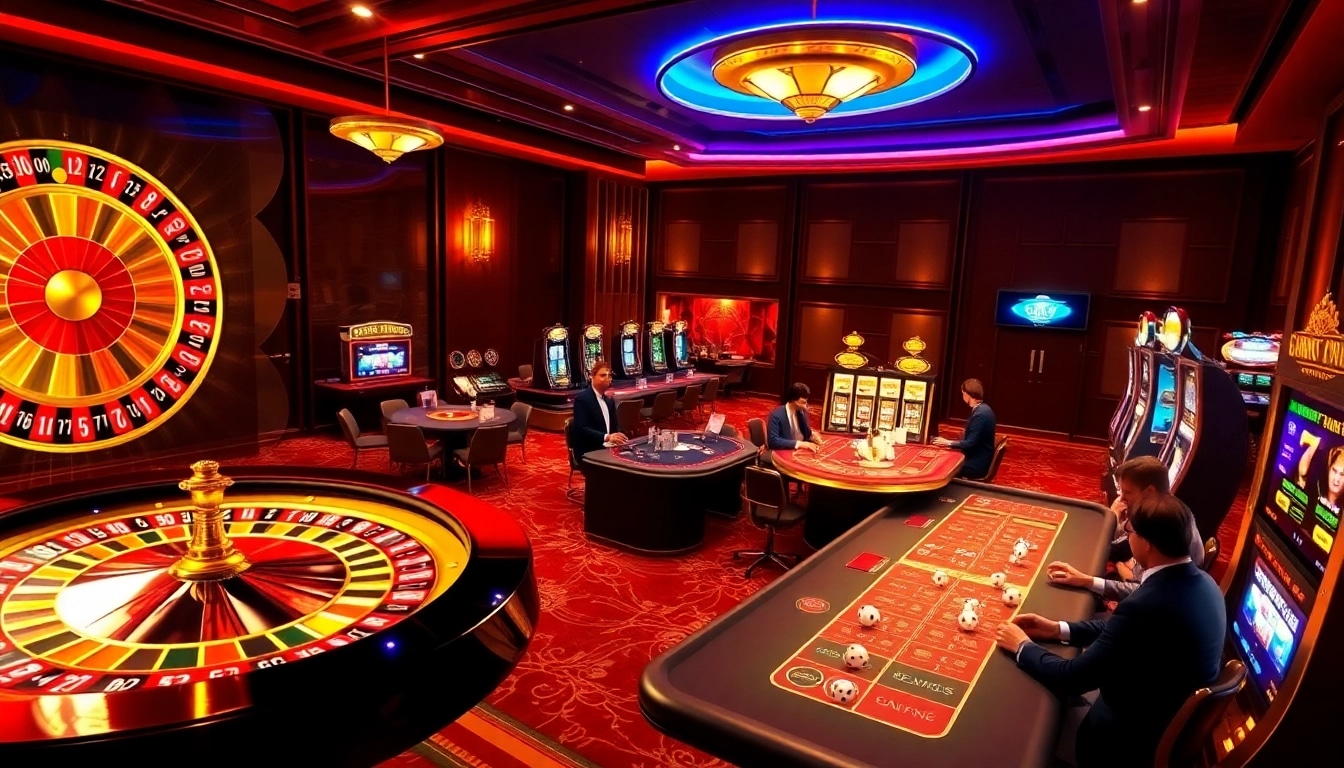 Gambling excitement at https://fun79.bio/ with vibrant casino tables and slot machines.