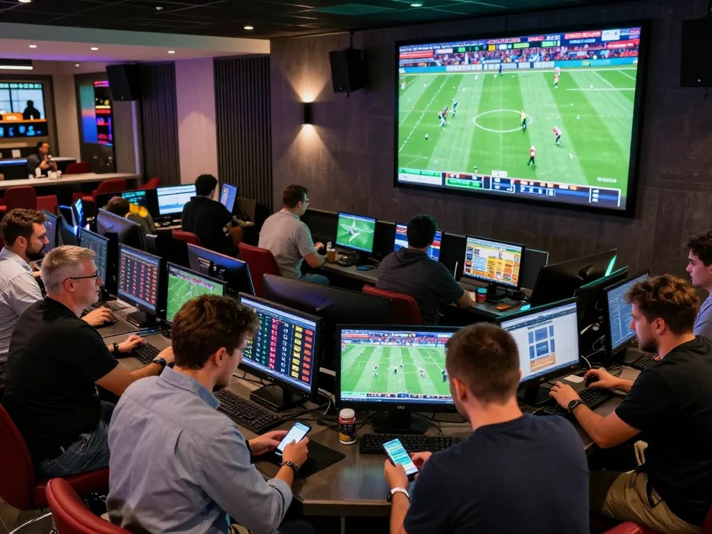Excited bettors engaging in sports betting at mk8th betting venue, vibrant atmosphere.