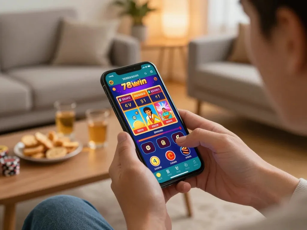 Engaging with the 78win mobile app for exciting casino gameplay in a cozy home setting