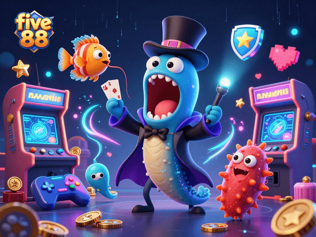 Engaging five 88 table games with vibrant characters performing magic tricks in a dazzling casino