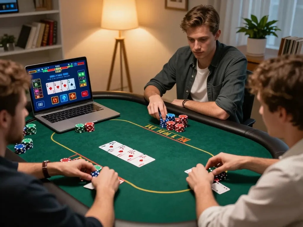 Players enjoying an exciting online poker game on cm88 platform, showcasing vibrant chips and action.