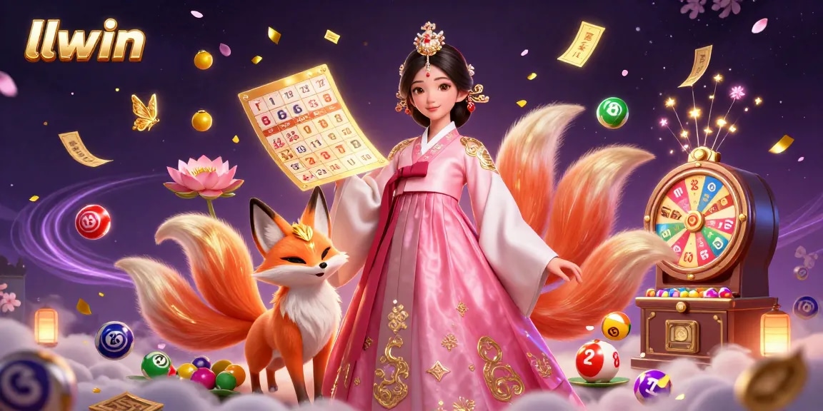 llwin presents a vibrant scene featuring a graceful woman and a lucky fox surrounded by colorful gaming elements and enchanting designs.