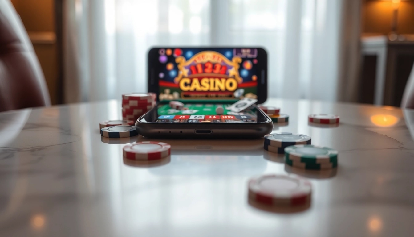 Entdecken Sie die besten mobile online Casinos auf einem Smartphone, umgeben von Casino-Requisiten.
