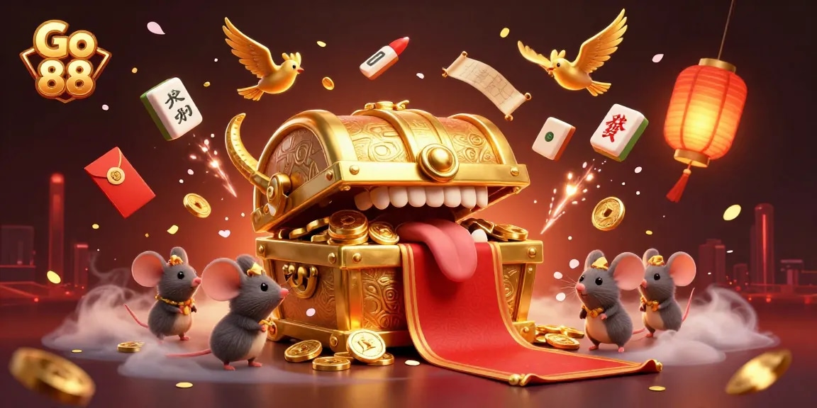 Catch rewards at Go 88 with vibrant casino elements and adventurous treasure chest.
