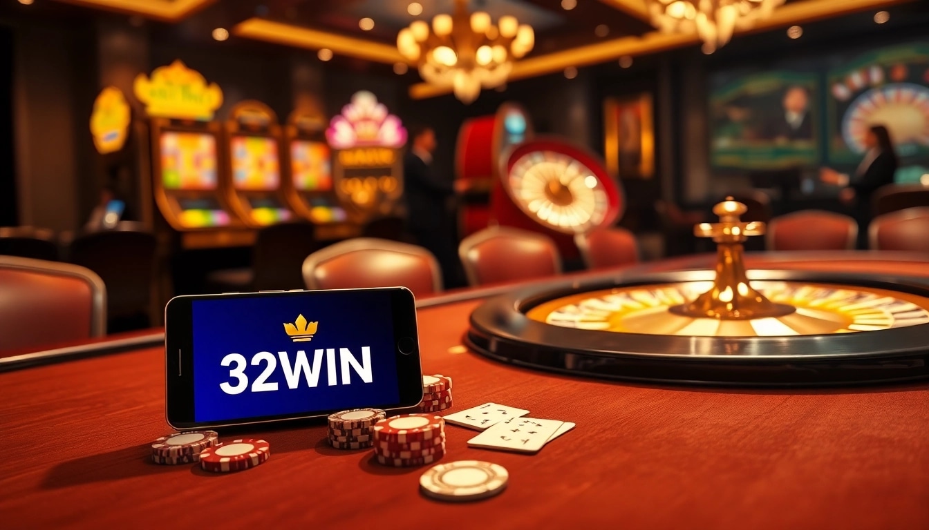 Tải app 32WIN displayed on a smartphone amid an exciting casino scene featuring poker and roulette tables.