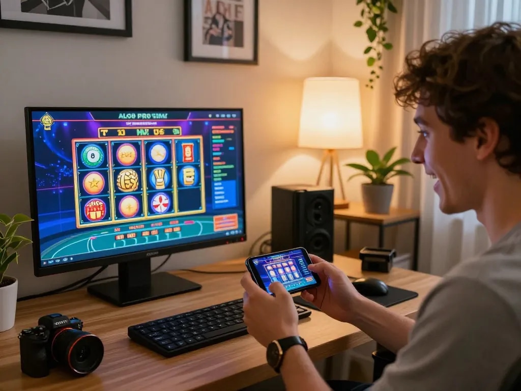 Player enjoying the ALO8 PRO casino app on smartphone, engaging in strategic online gambling