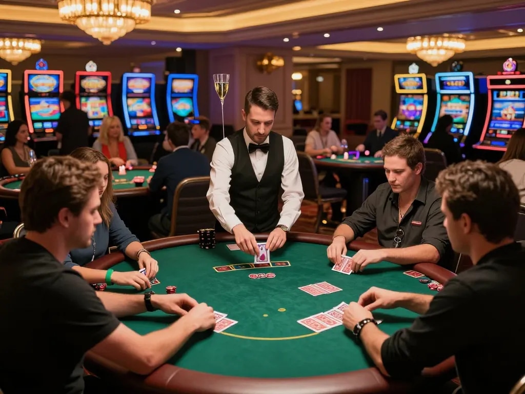 A lively poker game at an upscale casino showcasing the strategic enjoyment of 78win.