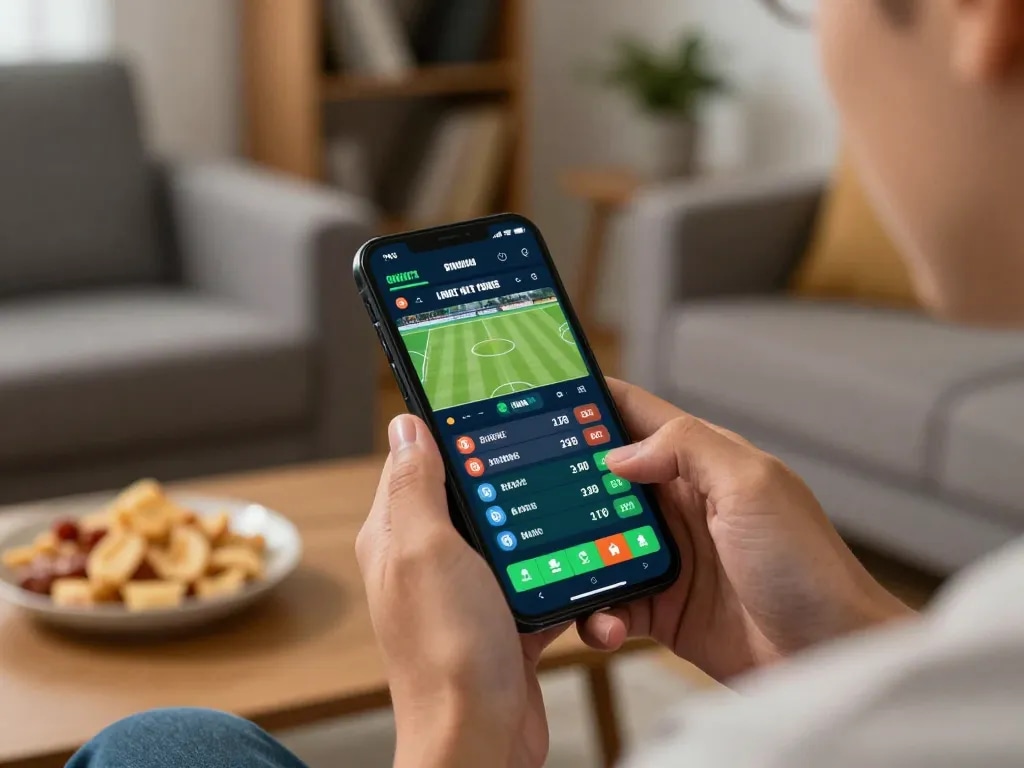 Engaged user placing strategic bets using ty le keo nha cai app in a cozy home environment.
