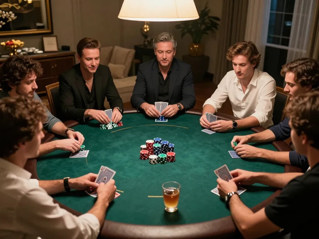 Experience an interactive poker night with friends using iwin, showcasing strategic gameplay in a cozy home setting.