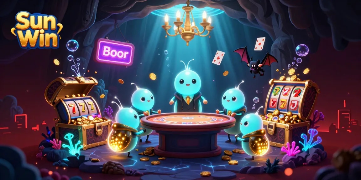 Experience the vibrant Sun Win casino world with colorful glowing elements and playful characters.