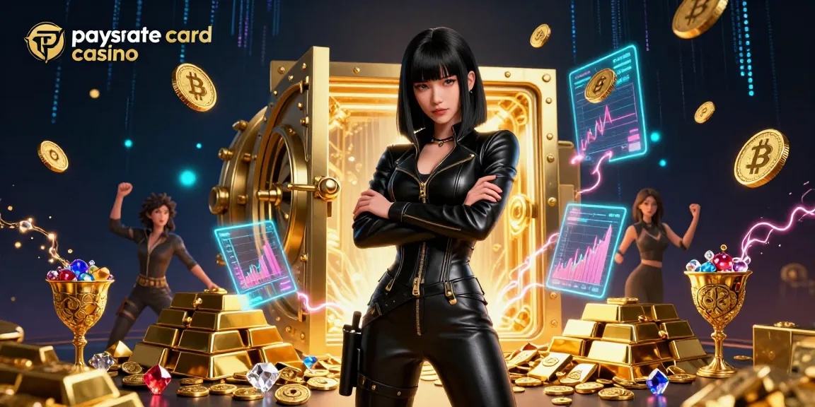 Erleben Sie das Paysafe Card Casino-Erlebnis in dieser neonfarbenen futuristischen Illustration, die einen kraftvollen Protagonisten umgeben von Casino-Schätzen zeigt.
