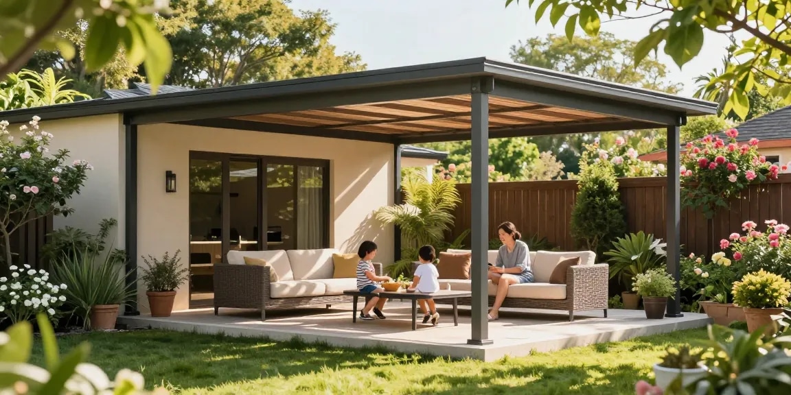 Freistehende Terrassenüberdachung im Garten mit Familie bei Sonnenschein