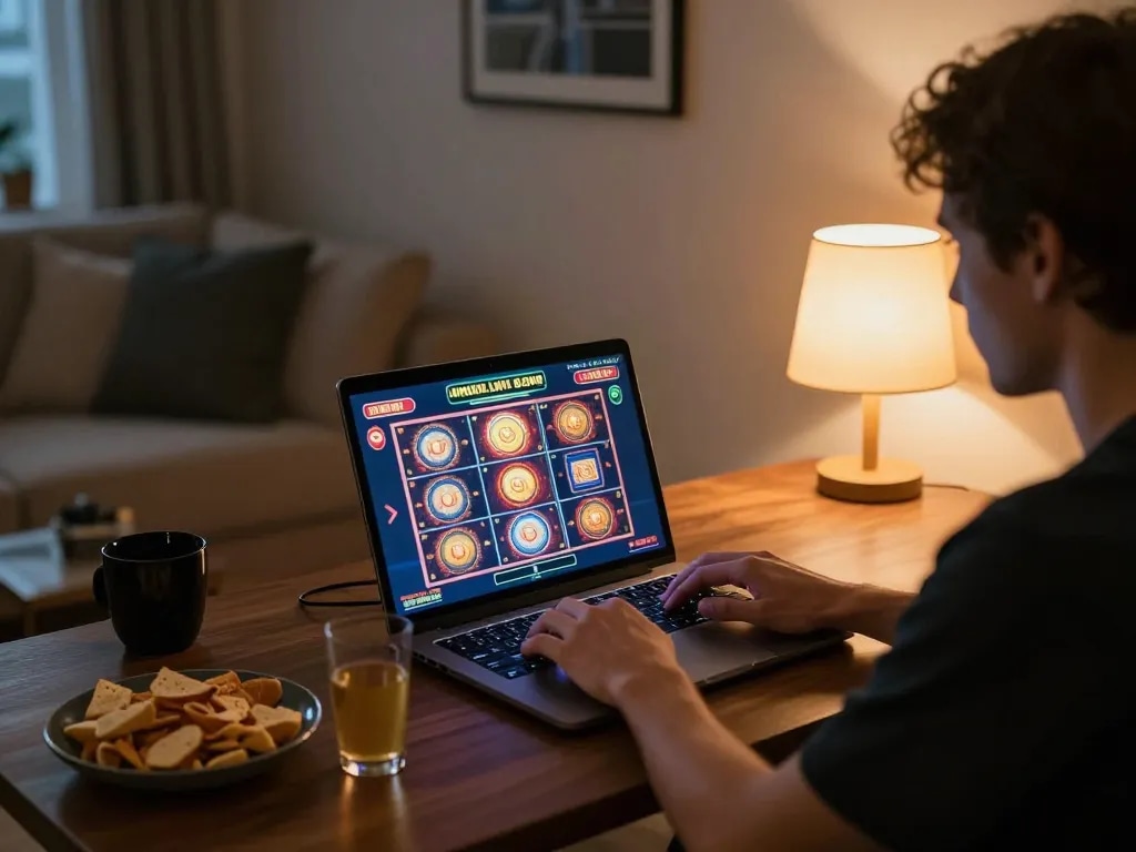 A person playing online slots on their laptop at home, representing alo8 com gaming experience.