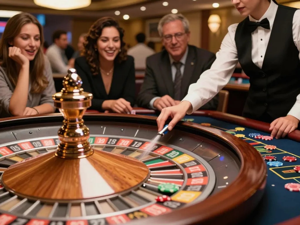 Experience the thrill of fabet as players eagerly bet at a spinning roulette wheel in a vibrant casino.