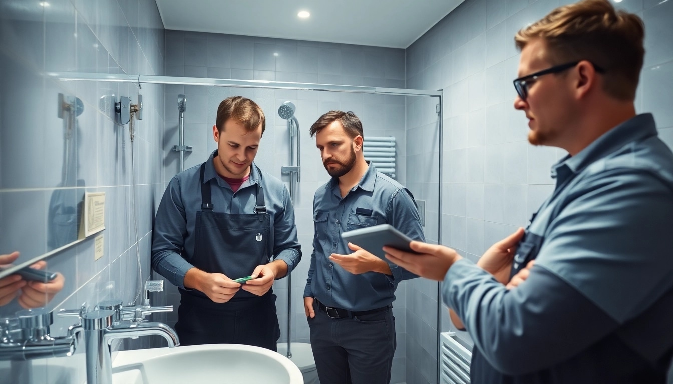 Installateur Notdienst-Team hilft bei Wasserleitungen in einem modernen Badezimmer.