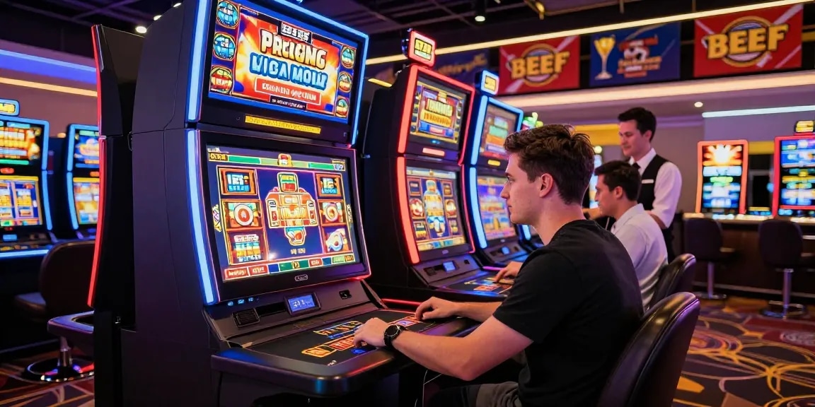 Beef Casino Spieler in aufregender Online-Casino-Umgebung mit Spielautomaten und Live-Dealer.