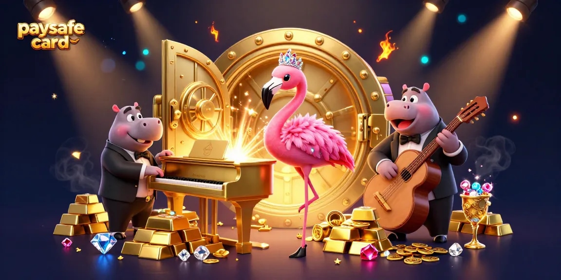 Erleben Sie die immersive Atmosphäre eines Paysafe Card Casinos mit einem Flamingo-Sänger und einem Nilpferd-Bassisten zwischen goldenen Schätzen.