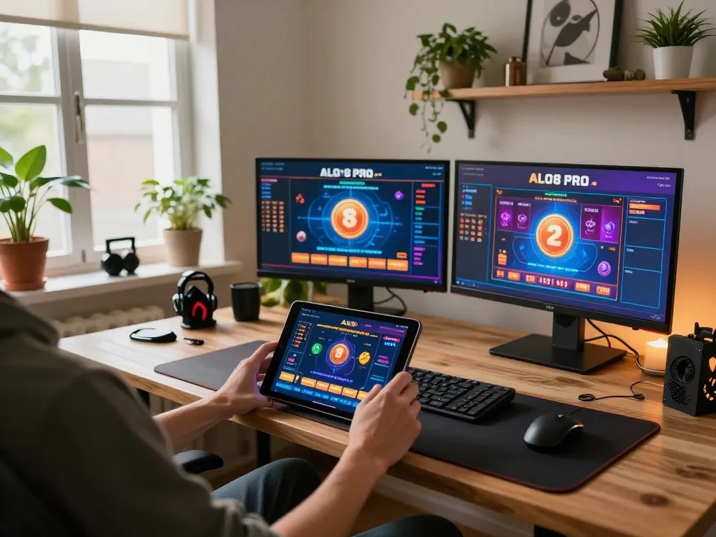 Player immerses in online gambling experience with ALO8 PRO app in a cozy home atmosphere