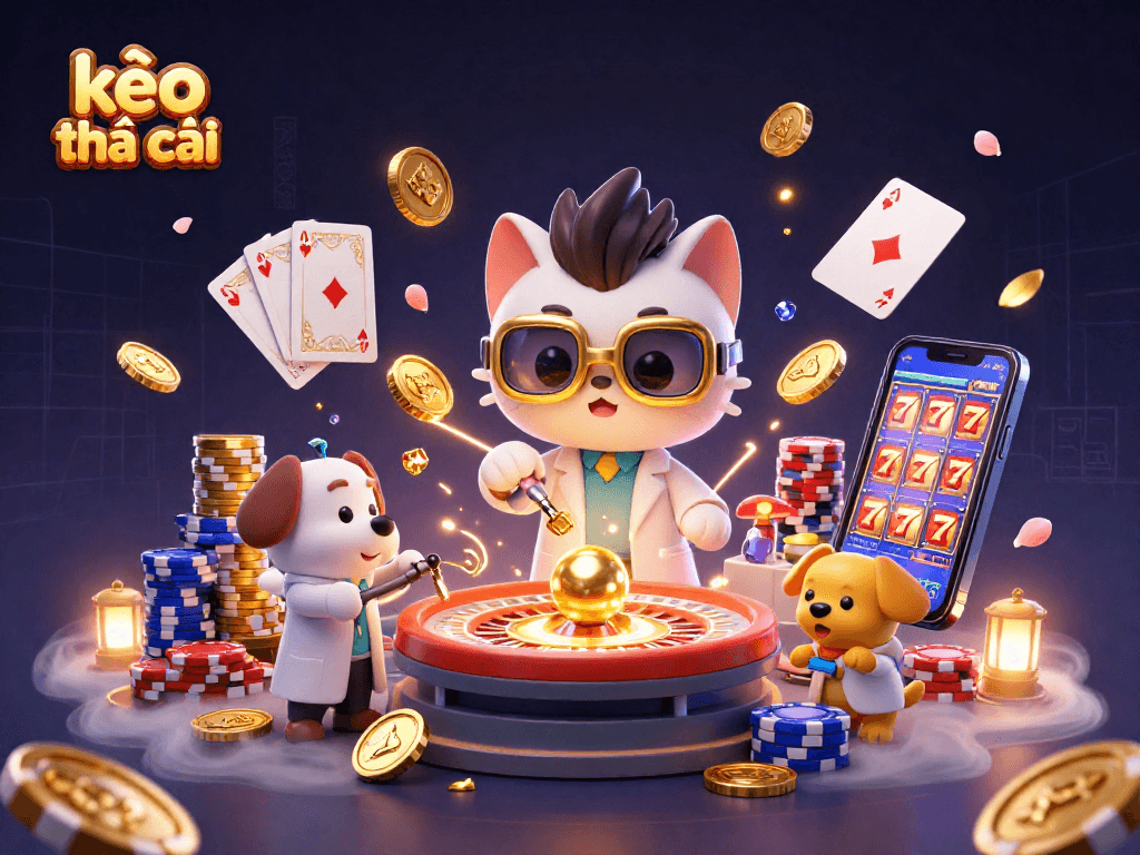 Engage with kèo nhà cái in an exciting scene featuring cartoon scientists and casino elements.