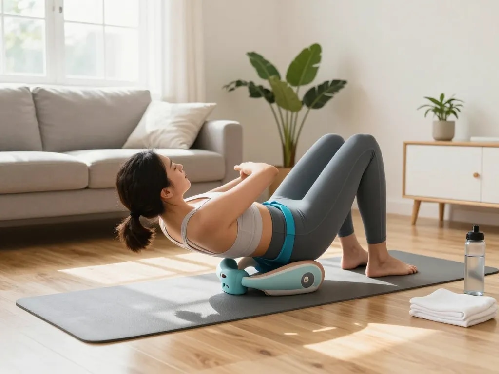 Pelvi-care.de - Woman using pelvic floor trainer in serene wellness setting.