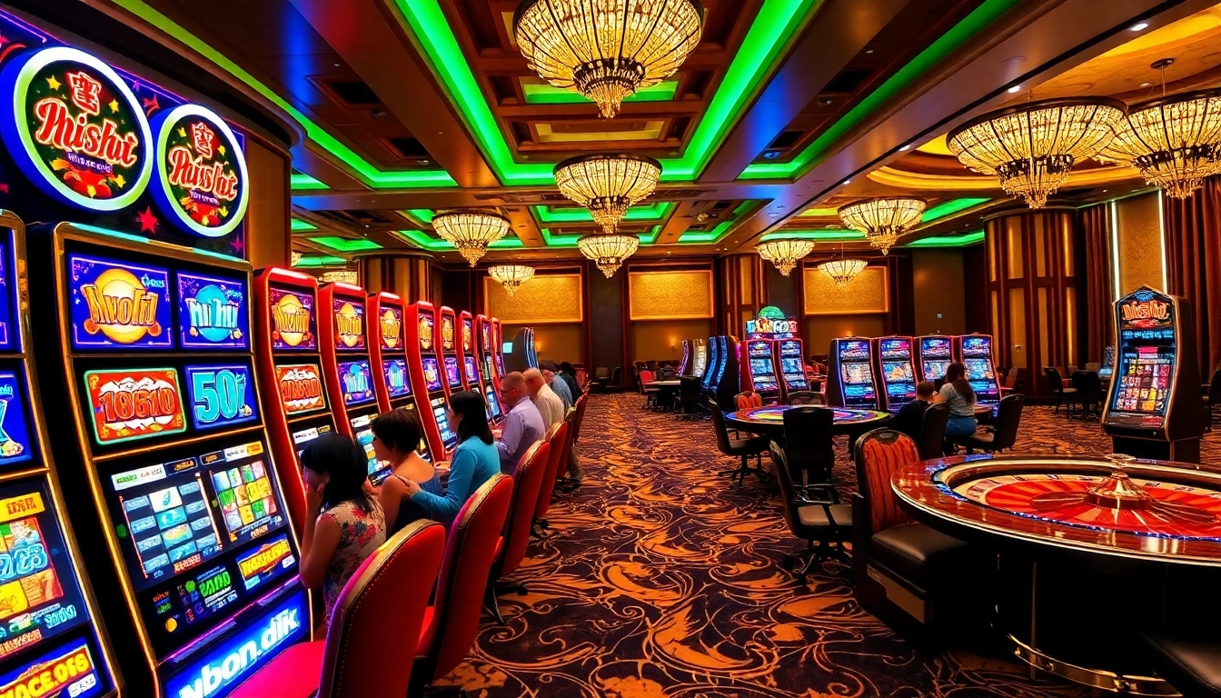 Engaging players celebrating at vibrant nổ hũ slot machines in a luxurious casino environment.