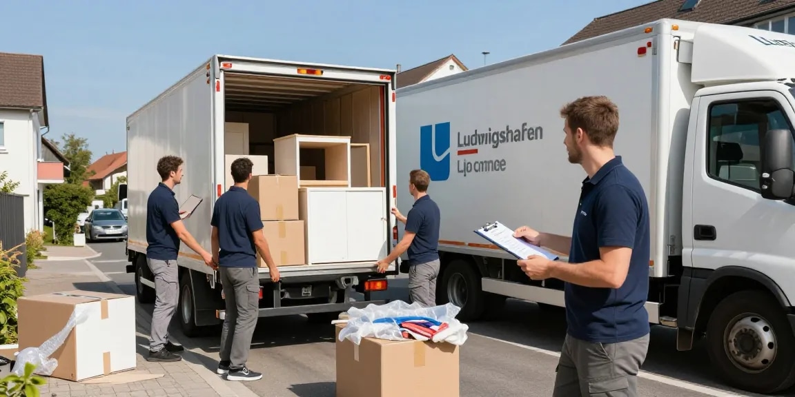 Professionelle Umzugsunternehmen Ludwigshafen überführen Möbel in Wohngebiet.