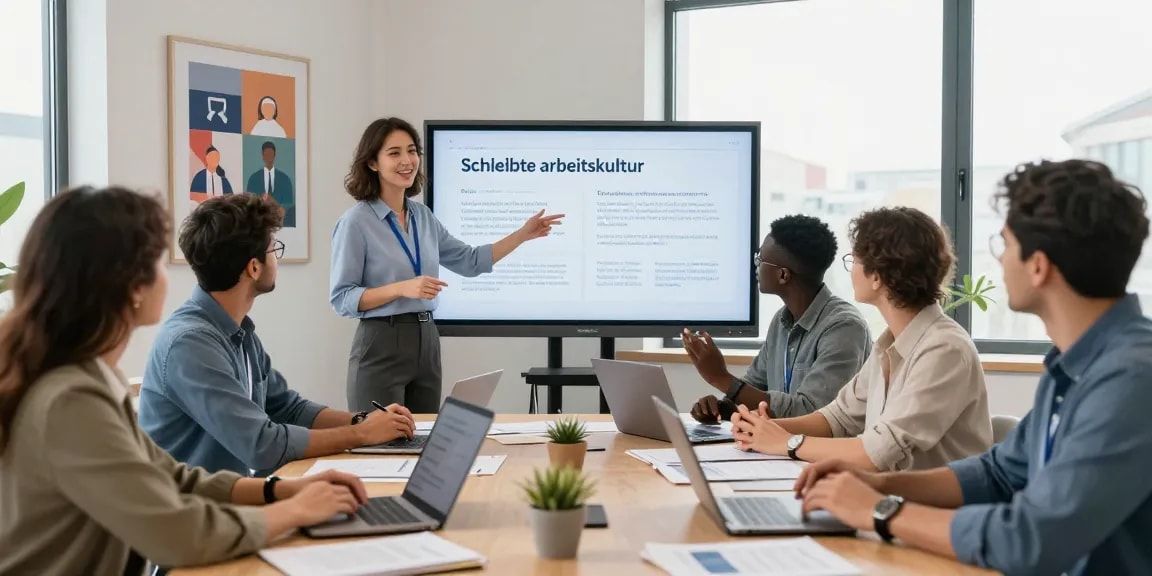 Teammeeting zur Verbesserung der schlechten Arbeitskultur in einem modernen Büro mit Datenpräsentation.
