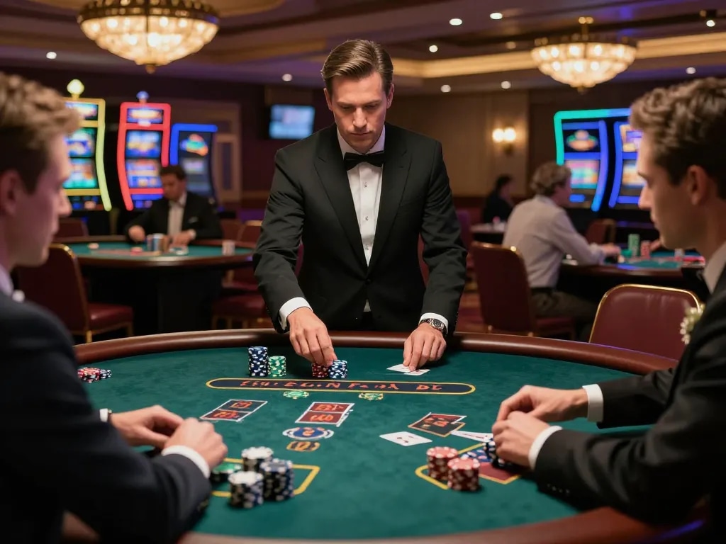 KJC players strategizing at an upscale blackjack table in elegant casino setting, highlighting high stakes gaming experience