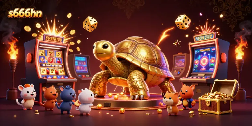 Experience the excitement of s666hn's casino action with a golden tortoise and jackpot scenes.