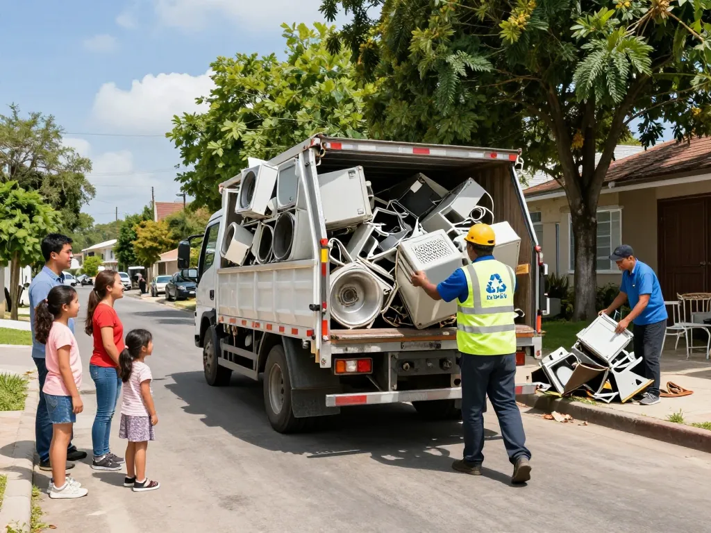 Effizienter Schrottabholservice in Aktion mit einem Team, das Schrottmetall lädt und Recycling fördert.
