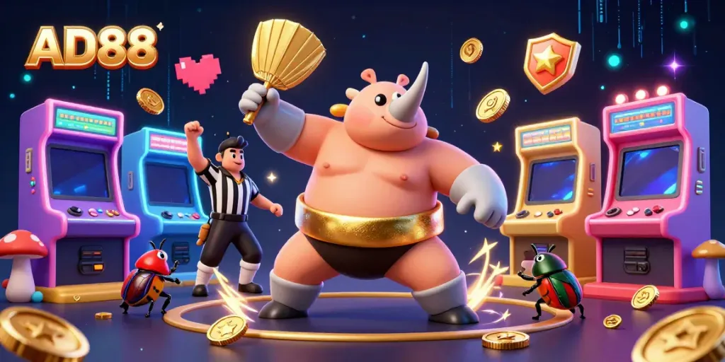 AD88 bundles excitement with a beetle sumo champion stomping golden coins amidst vibrant gaming elements.