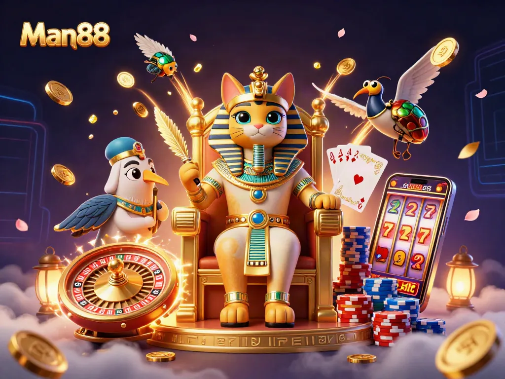 Engage with Man88's thrilling casino experience with a vibrant pharaoh-themed scene of luck and fortune.