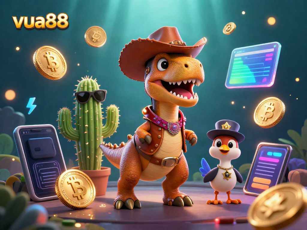 Experience thrilling gaming action at vua88 with vibrant characters and crypto elements.