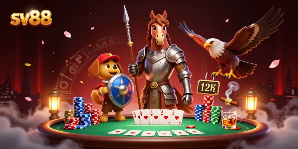 Engage with SV88 as medieval characters play poker in a vibrant casino setting.