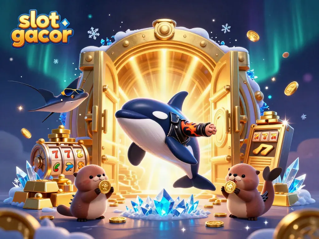 Experience fortune with slot gacor symbols and playful sea creatures in this vibrant 3D illustration.